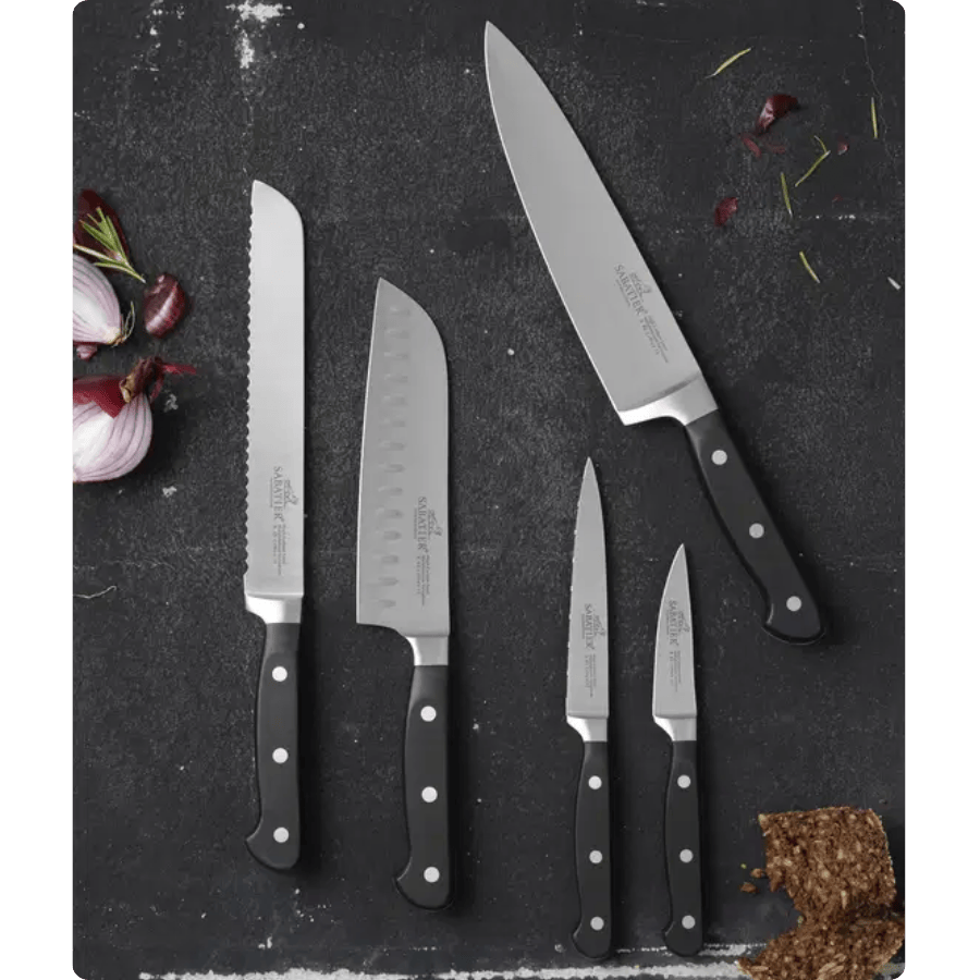 Lion Sabatier Knivsæt 5 dele, urte, tomat, santoku, brød og kokkekniv i stål/sort, Pluton